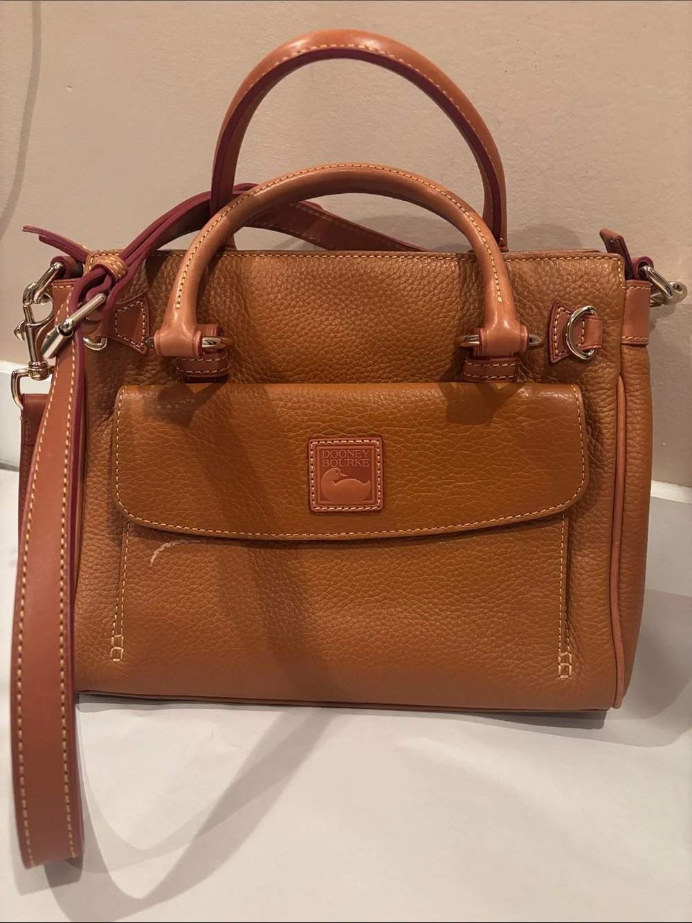 Dooney & Bourke Caramel Tan Pebbled Leather Satchel with Contrast Strap